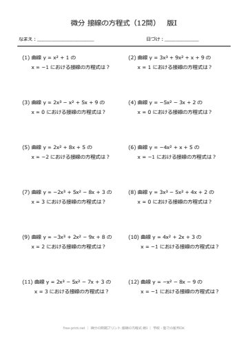 微分の問題プリント 接線の方程式 版I