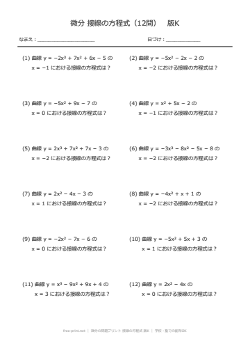 微分の問題プリント 接線の方程式 版K