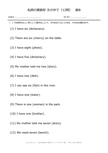 名詞の複数形の問題プリント 文の中で 版B