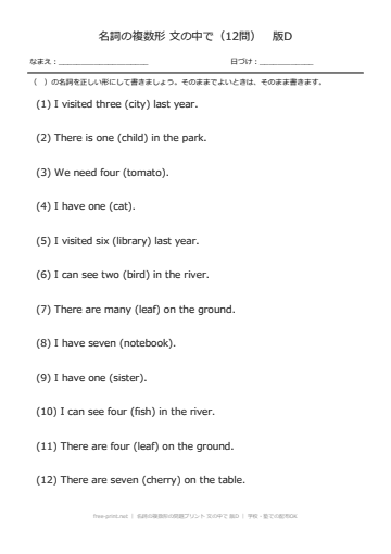 名詞の複数形の問題プリント 文の中で 版D