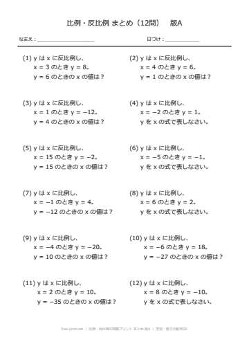 比例・反比例の問題プリント まとめ 版A