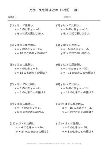 比例・反比例の問題プリント まとめ 版I