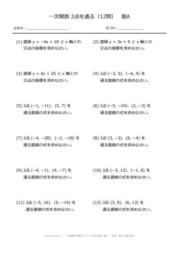一次関数の問題プリント 2点を通る 版A