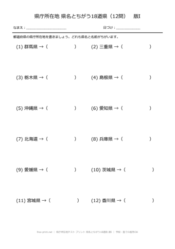 県庁所在地テスト プリント 県名とちがう18道県 版I