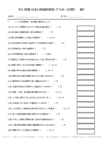 地理 一問一答（日本の地域的特色） 穴うめ 版F