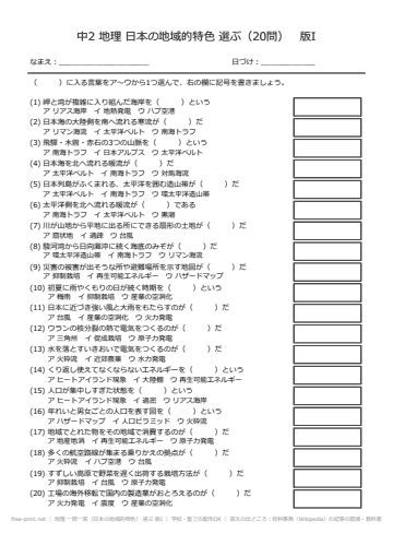 地理 一問一答（日本の地域的特色） 選ぶ 版I