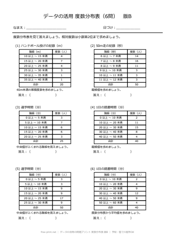 データの活用の問題プリント 度数分布表 版B