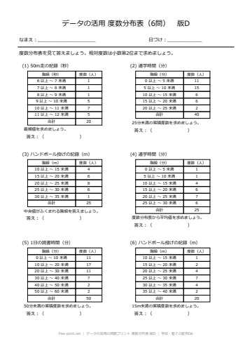 データの活用の問題プリント 度数分布表 版D