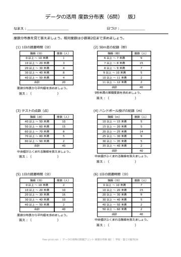 データの活用の問題プリント 度数分布表 版J