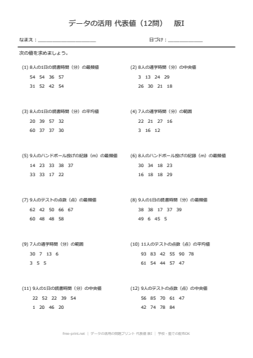 データの活用の問題プリント 代表値 版I