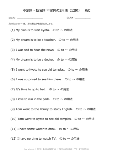 不定詞・動名詞の問題プリント 不定詞の3用法 版C