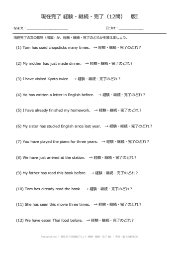 現在完了の問題プリント 経験・継続・完了 版I