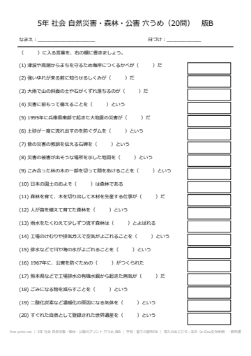 5年 社会 自然災害・森林・公害のプリント 穴うめ 版B