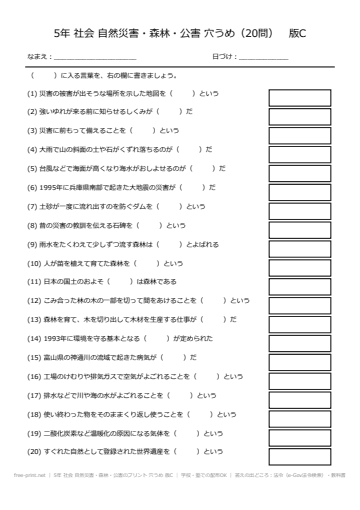 5年 社会 自然災害・森林・公害のプリント 穴うめ 版C