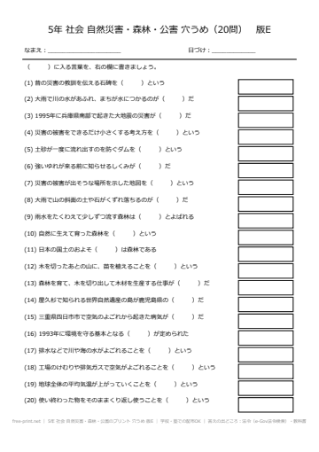 5年 社会 自然災害・森林・公害のプリント 穴うめ 版E