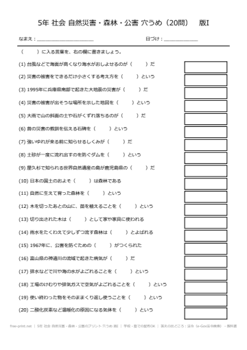 5年 社会 自然災害・森林・公害のプリント 穴うめ 版I