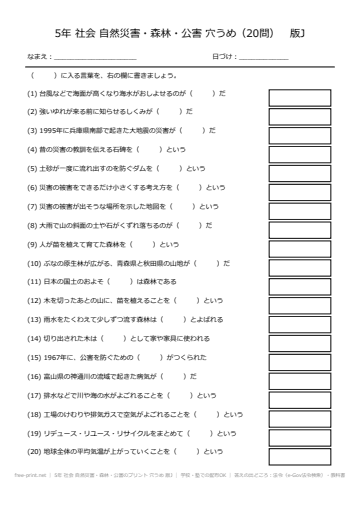 5年 社会 自然災害・森林・公害のプリント 穴うめ 版J