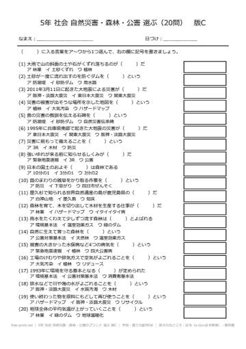 5年 社会 自然災害・森林・公害のプリント 選ぶ 版C