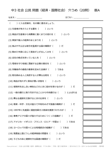 社会 公民 問題（経済・国際社会） 穴うめ 版A
