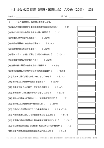 社会 公民 問題（経済・国際社会） 穴うめ 版B