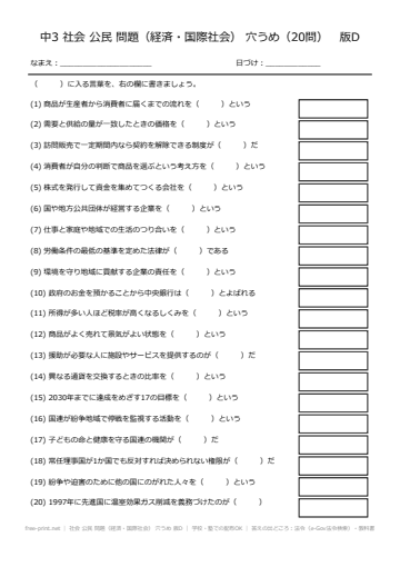 社会 公民 問題（経済・国際社会） 穴うめ 版D