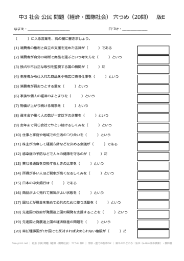 社会 公民 問題（経済・国際社会） 穴うめ 版E