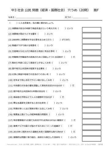 社会 公民 問題（経済・国際社会） 穴うめ 版F