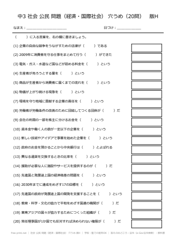 社会 公民 問題（経済・国際社会） 穴うめ 版H