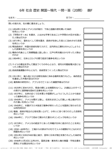 6年 社会 歴史 問題（開国〜現代） 一問一答 版F