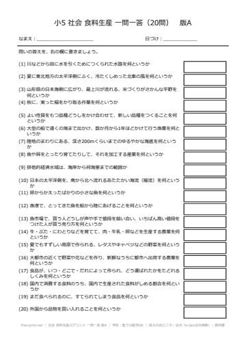 社会 食料生産のプリント 一問一答 版A