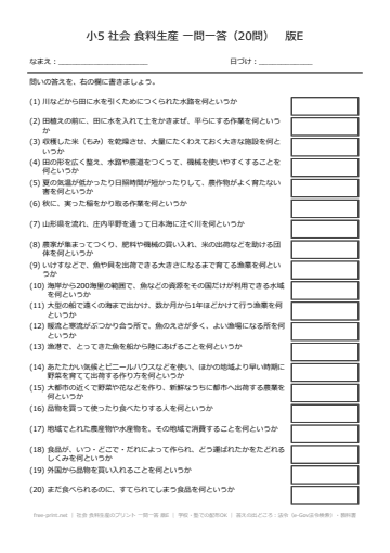 社会 食料生産のプリント 一問一答 版E