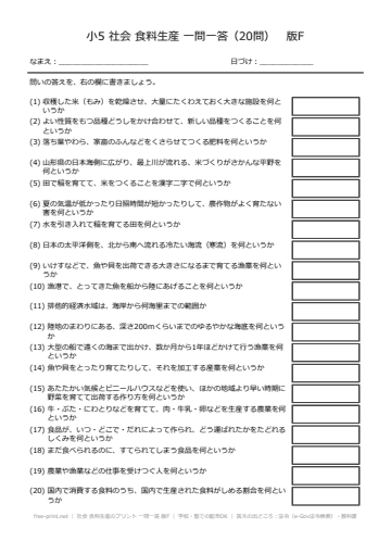 社会 食料生産のプリント 一問一答 版F