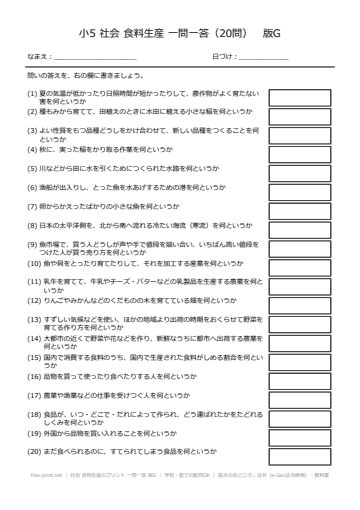 社会 食料生産のプリント 一問一答 版G