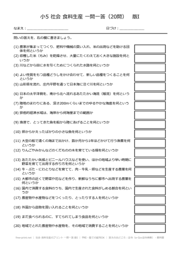 社会 食料生産のプリント 一問一答 版I